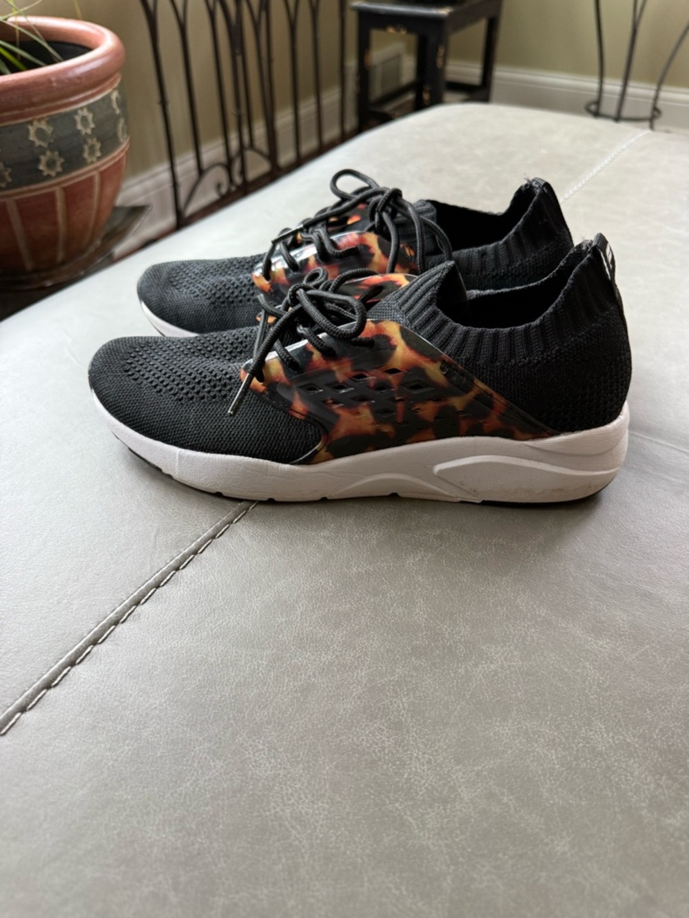 Fabletics Black Knit Slip-On Sneakers with Animal Print Accent - Women's Size 8
